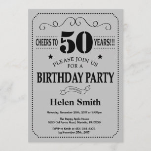 50th Birthday Invitation Black and Silver Grey