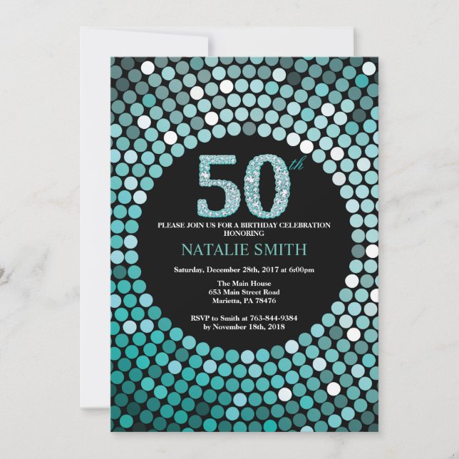 50th Birthday Invitation Black and Teal Glitter (Front)