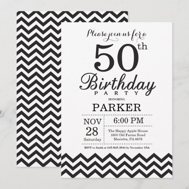 50th Birthday Invitation Black and White Chevron (Front/Back)
