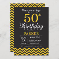 50th Birthday Invitation Black and Yellow Chevron