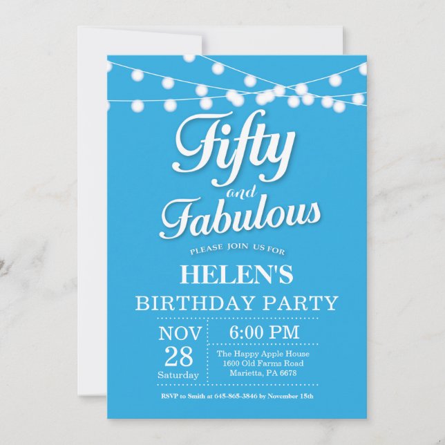 50th Birthday Invitation Blue Fabulous (Front)
