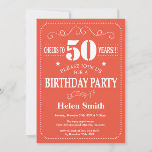 50th Birthday Invitation Burgundy Orange and White