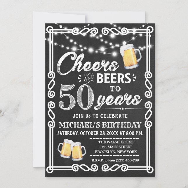 50th Birthday Invitation | Cheers and Beers (Front)