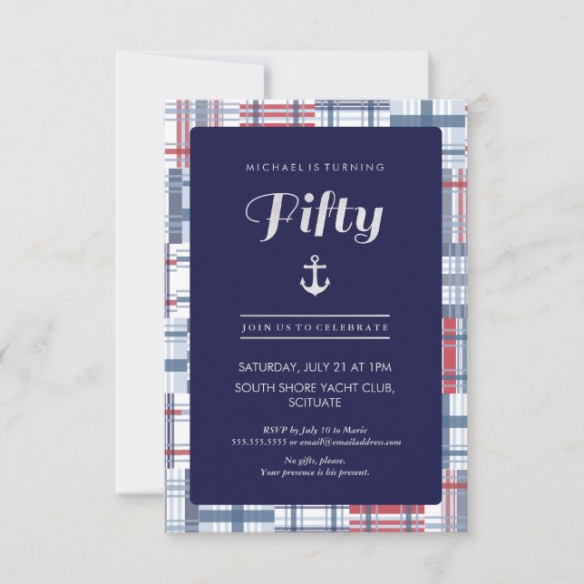 50th Birthday Invitation - Fifty, Nautical Summer (Front)