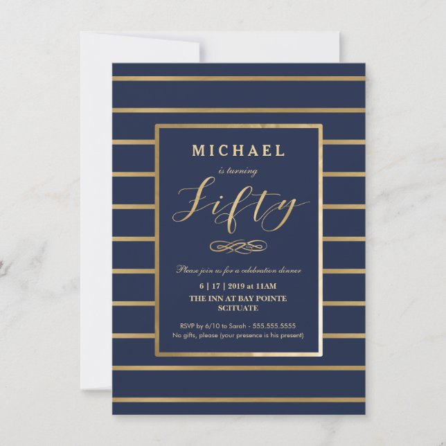 50th Birthday Invitation - Gold, Elegant Masculine (Front)