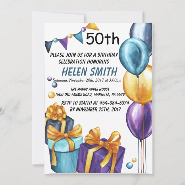 50th Birthday Invitation Gold Glitter (Front)
