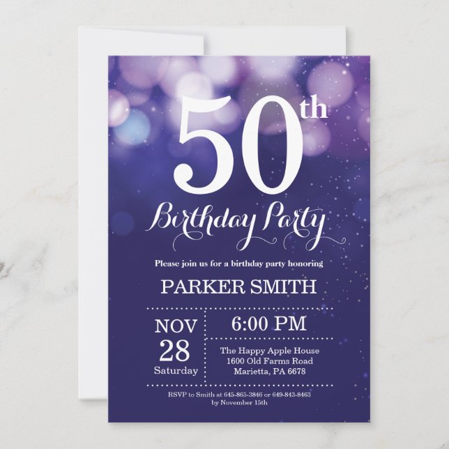 50th Birthday Invitation Navy Blue (Front)