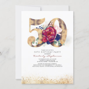 50th Birthday Invitation - Navy Blue and Burgundy