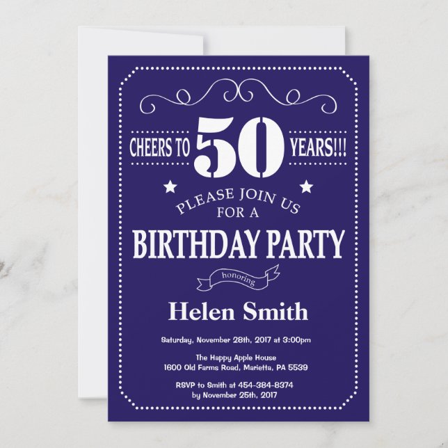 50th Birthday Invitation Navy Blue and White (Front)