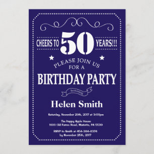 50th Birthday Invitation Navy Blue and White