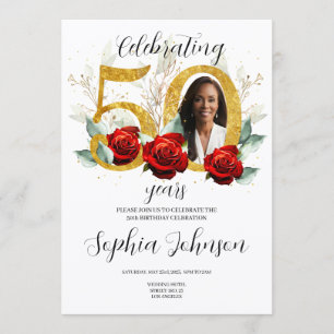 50th Birthday Invitation Photo Red Roses 