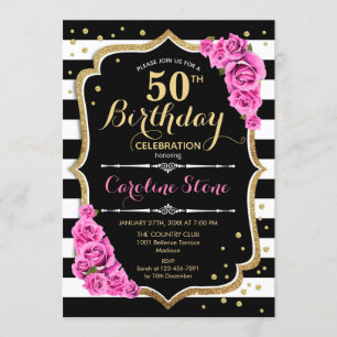 50th Birthday Invitation Pink Black White Stripes