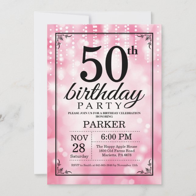 50th Birthday Invitation Pink Glitter (Front)
