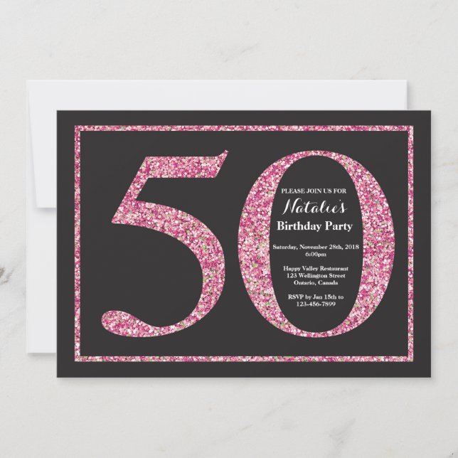 50th Birthday Invitation Pink Glitter Chalkboard (Front)