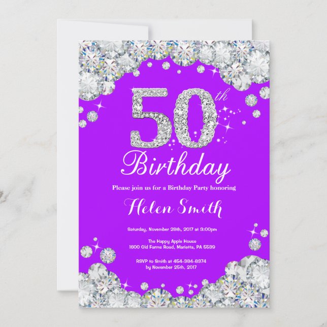 50th Birthday Invitation Purple and Silver Diamond (Front)