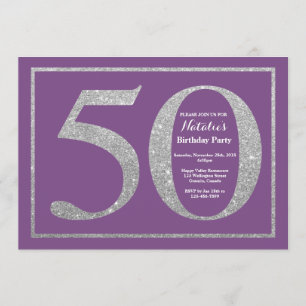 50th Birthday Invitation Purple and Silver Glitter