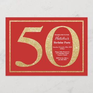 50th Birthday Invitation Red and Gold Glitter