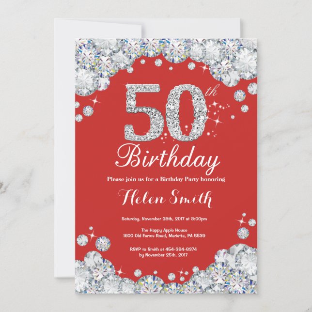 50th Birthday Invitation Red and Silver Diamond (Front)