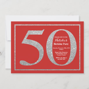 50th Birthday Invitation Red and Silver Glitter
