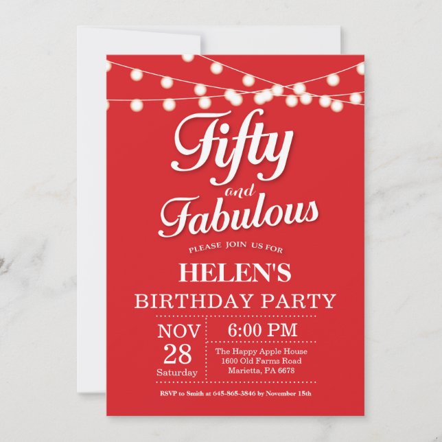 50th Birthday Invitation Red Fabulous (Front)