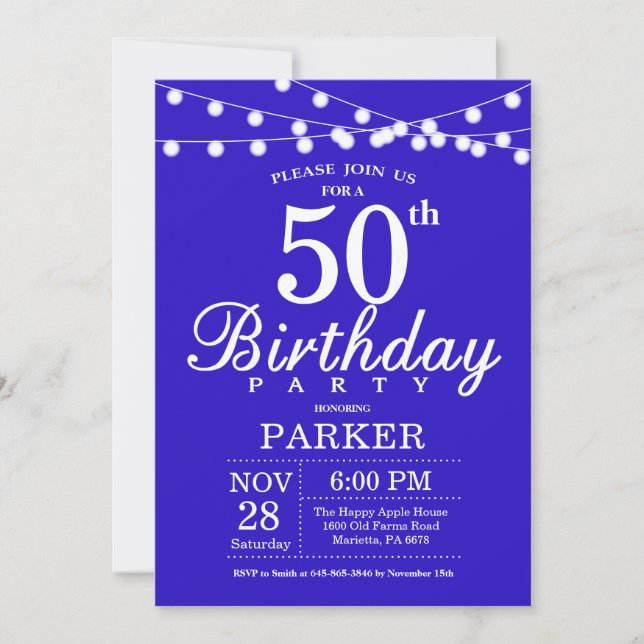 50th Birthday Invitation Royal Blue (Front)