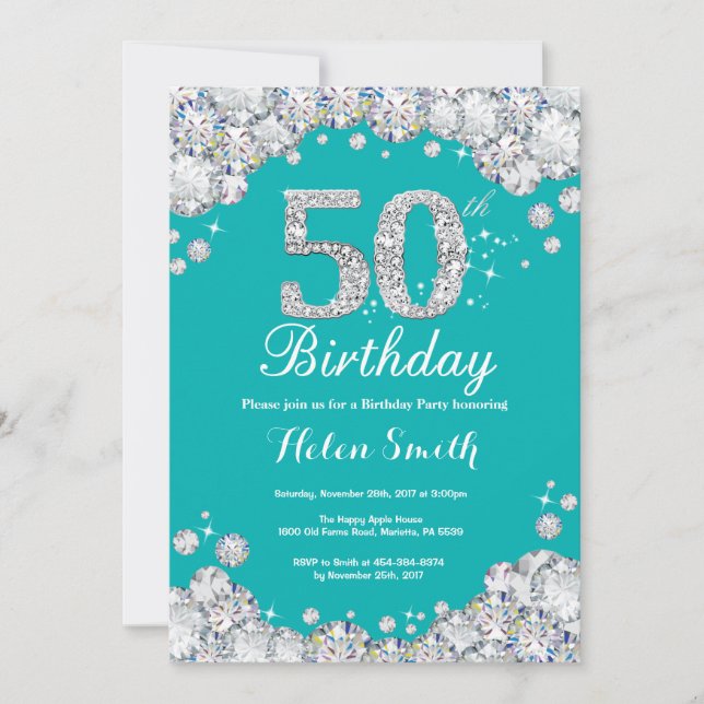 50th Birthday Invitation Teal and Silver Diamond (Front)
