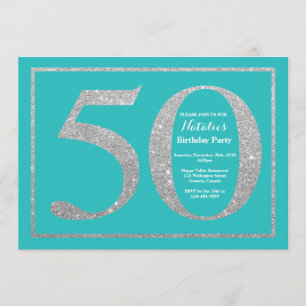 50th Birthday Invitation Teal and Silver Glitter