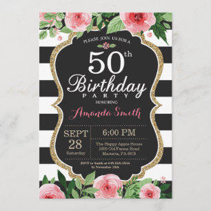 50th Birthday Invitation Women. Floral Gold Black