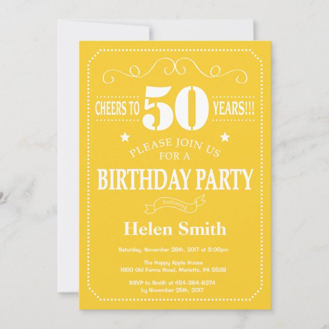 50th Birthday Invitation Yellow and White (Front)