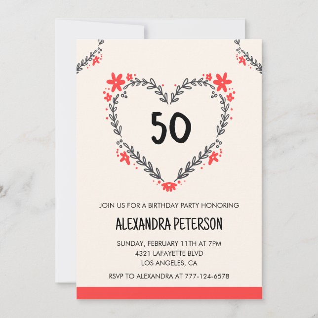50th birthday invitations for her floral heart (Front)