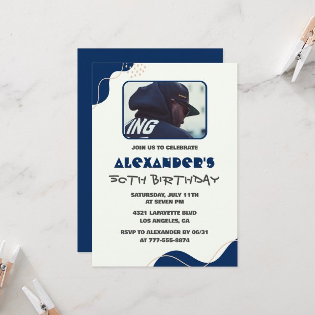 50th birthday invitations Men Blue Simple Photo (Front/Back In Situ)