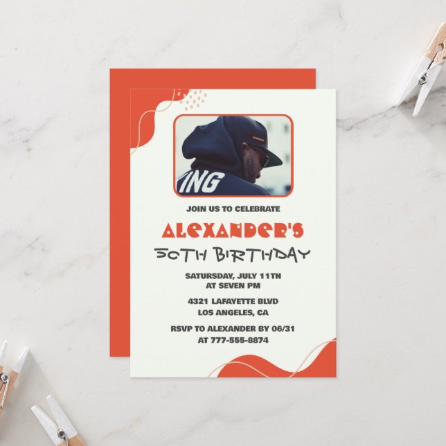 50th birthday invitations Men Red Simple Photo (Front/Back In Situ)