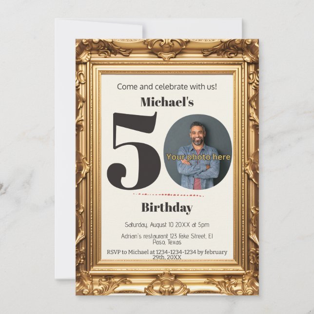 50th birthday invitations: Put your photo, QR Invitation (Front)