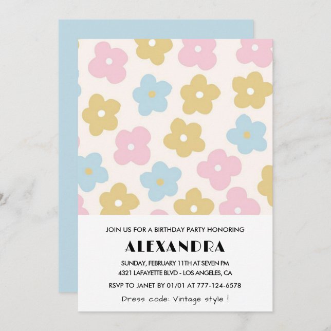50th birthday invitations Retro Blue Pink Flowers (Front/Back)