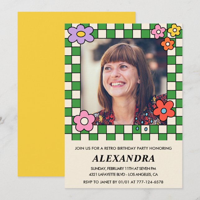 50th birthday invitations Retro Groovy Flowers (Front/Back)