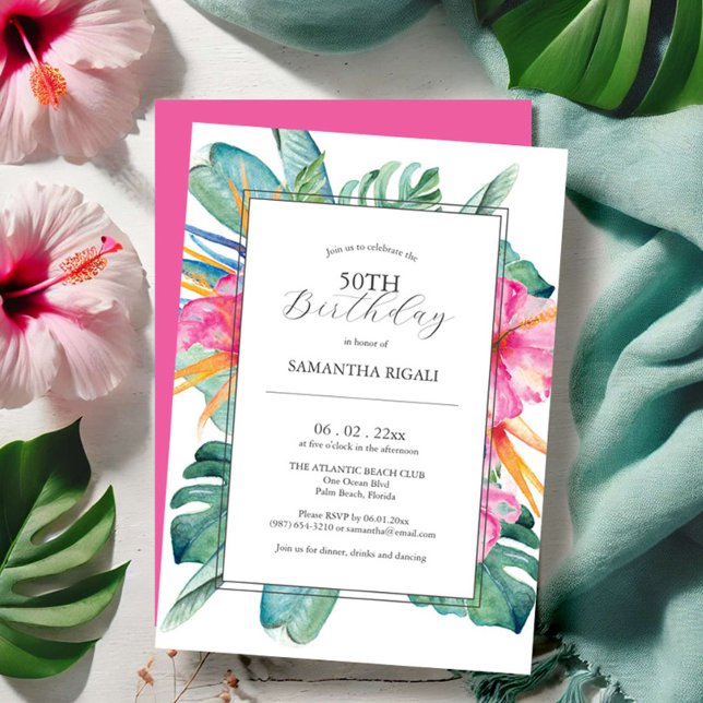 50th Birthday Invitations Tropical (50th birthday invitations luau tropical floral watercolor art Victoria Grigaliunas Do Tell A Belle)