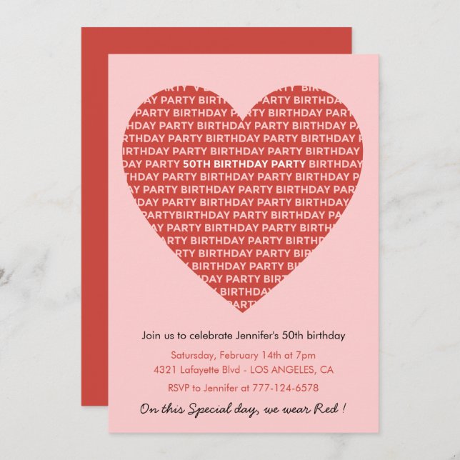 50th birthday invitations Typography Red Pink (Front/Back)