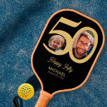 50th birthday keepsake black gold 2 photos name pickleball paddle<br><div class="desc">Trendy funny bold typography 50th birthday personalised photo and name pickleball paddle. Easy to customise with your text and 2 pictures</div>
