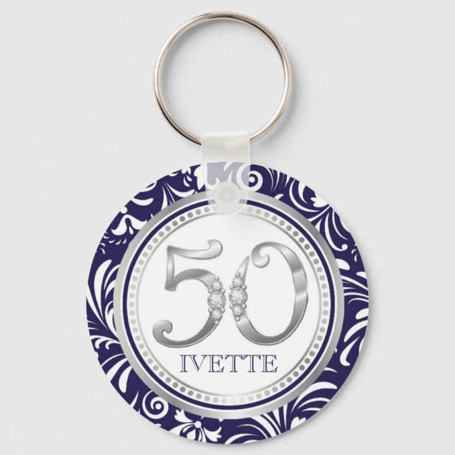 50th Birthday Key Chain-Navy Blue & Silver Ring (Front)