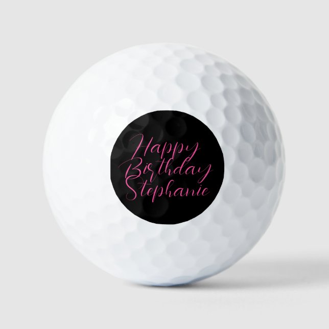 50th Birthday Lady Golfer Black Pink Name Elegant Golf Balls (Front)