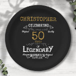50th Birthday Legendary Black Gold Retro Paper Plate<br><div class="desc">For those celebrating their 50th birthday we have the ideal birthday party plates with a vintage feel. The black background with a white and gold vintage typography design design is simple and yet elegant with a retro feel. Easily customise the text of this birthday plate using the template provided. Part...</div>