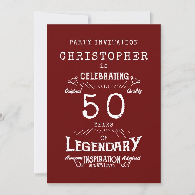 50th Birthday Legendary Red Add Name Legend Invitation (Front)