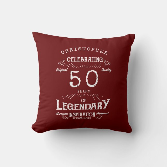 50th Birthday Legendary Red Vintage Name Legend Cushion (Front)