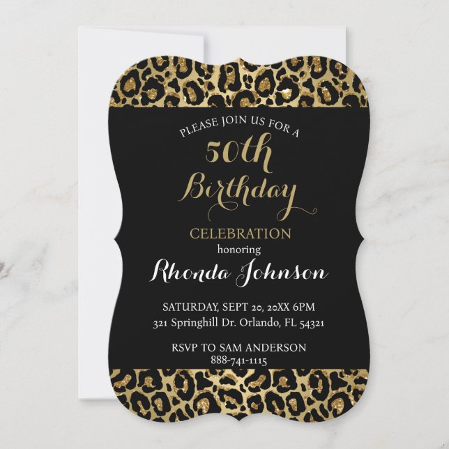 50th Birthday Leopard Print Black Gold Glitter (Front)