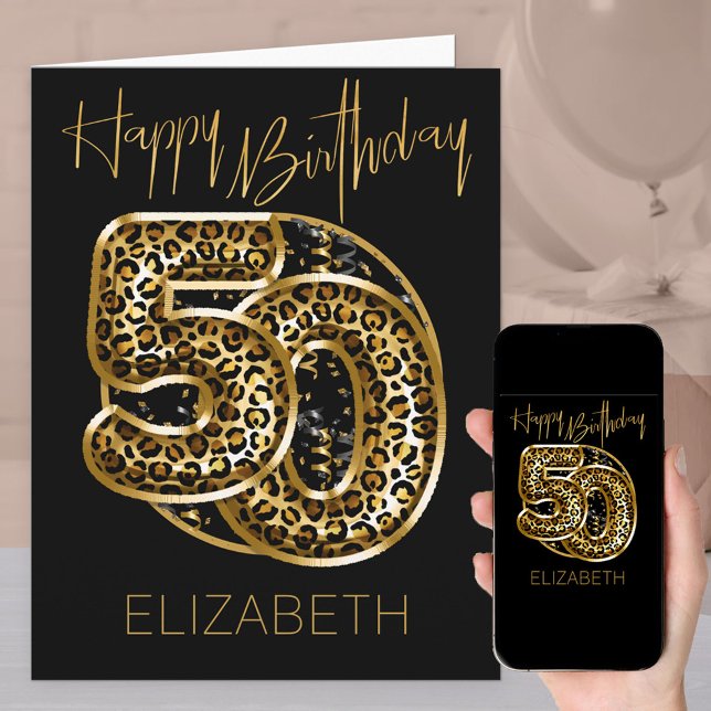 50th Birthday Leopard Print Gold Foil Balloons Card (Creator Uploaded)