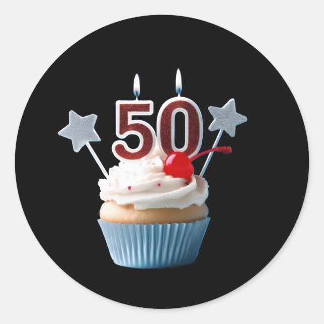 50th Birthday Lighted Candles Cupcake  Classic Round Sticker (Front)