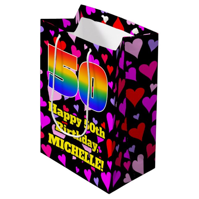 50th Birthday: Loving Hearts Pattern, Rainbow # 50 Medium Gift Bag (Front Angled)