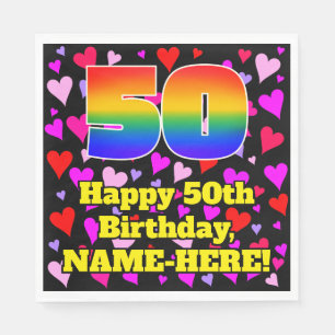 50th Birthday: Loving Hearts Pattern, Rainbow # 50 Napkin