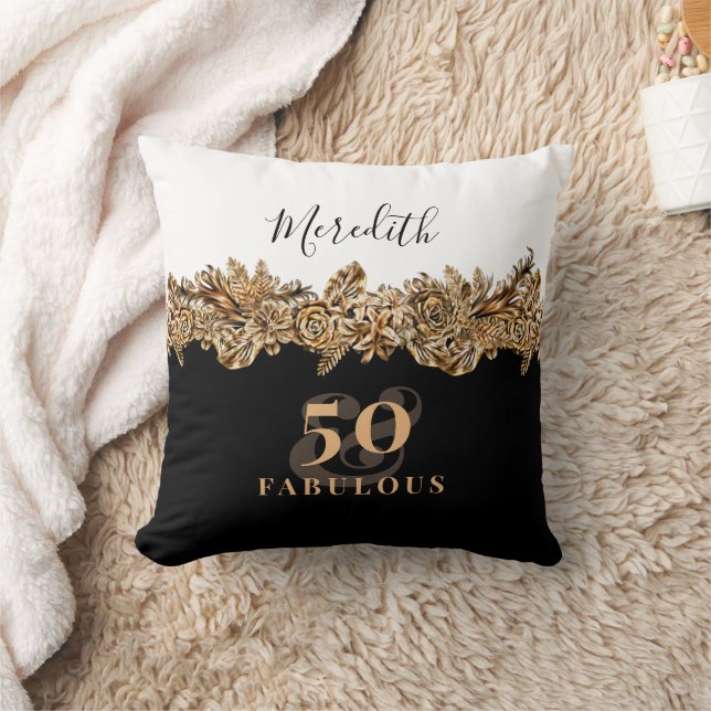 50th Birthday Luxury Golden Flowers Elegant Classy Cushion (Blanket)