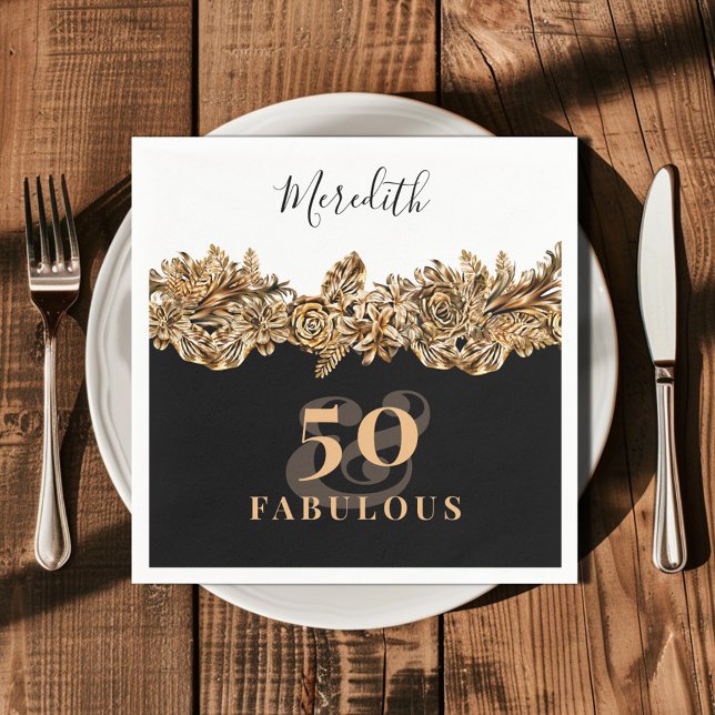 50th Birthday Luxury Golden Flowers Elegant Classy Napkin (Creator Uploaded)